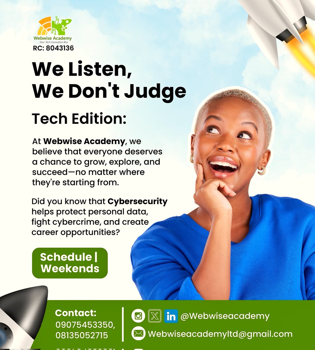 webwiseacademy's tweet image. What's your weekend plan? Take a course online
#CyberSecurityLagos #cloud #cloudcomputing #dataanalysis #sql #python #powerbi #excel #graphics #ai #motionGraphics #datascience #TechCommunity #networksecurity #incidentresponse #kalilinux #techlearning #welistenandwedontjudge