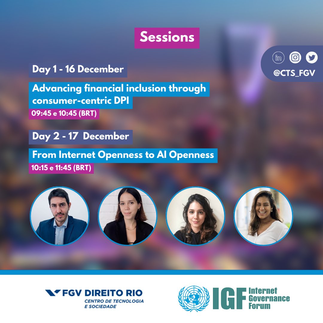 CTS_FGV's tweet photo. ⚖️ ‘Advancing financial inclusion through consumer-centric DPI’: a discussão analisará o balanço entre a importância da conectividade significativa à Internet e da alfabetização digital, e, por outro lado, a necessidade de práticas que previnam a discriminação e [...] https://t.co/8ehOMJAl0b