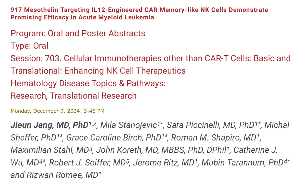RemyDulery's tweet photo. @Razan_Mohty Thanks @Razan_Mohty for this excellent selection of abstracts on cellular therapy for acute leukemia!
I am excited to also highlight this great study from #RomeeLab which will be presented on Monday, December 9 at #ASH24 by Ji Eun Jang.
https://t.co/gtiYXCtuOi
@romeerizwan https://t.co/78RfntpquD