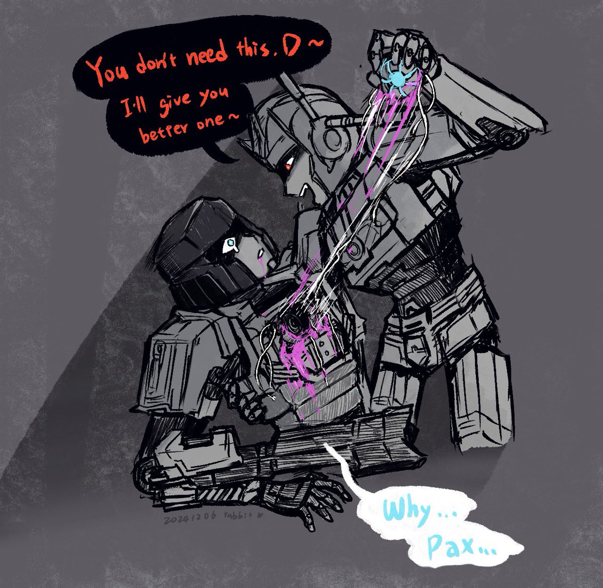 applerabbit1020's tweet photo. SG ONE
Orion: I think Megatronus’ cog is more suitable for you~
Hehe…I draw them…🤤

第一次(?)畫SG
感覺奧會直接把D本來有的齒輪扯下來換成自己給他的🤤
想畫好久了覺得這種扭曲陰暗感情太對味了…！😫💥💥

#TransformersOne #sg #ShatteredGlass #opmeg #megop https://t.co/nYgEqlOAbc
