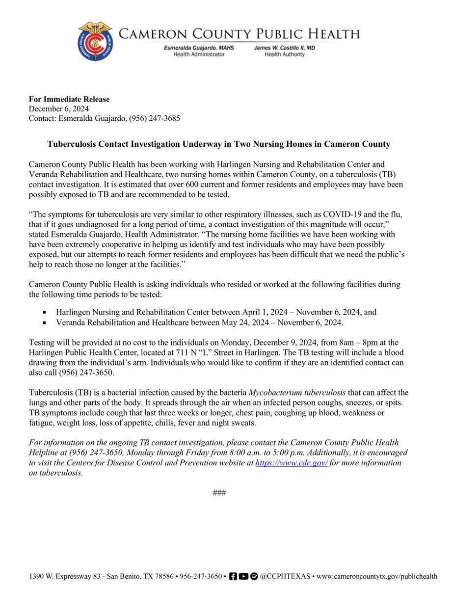 Cameron County Public Health is investigating a potential tuberculosis (TB) exposure at two nursing homes, affecting over 600 current/former residents and staff. Testing is recommended for those potentially exposed.