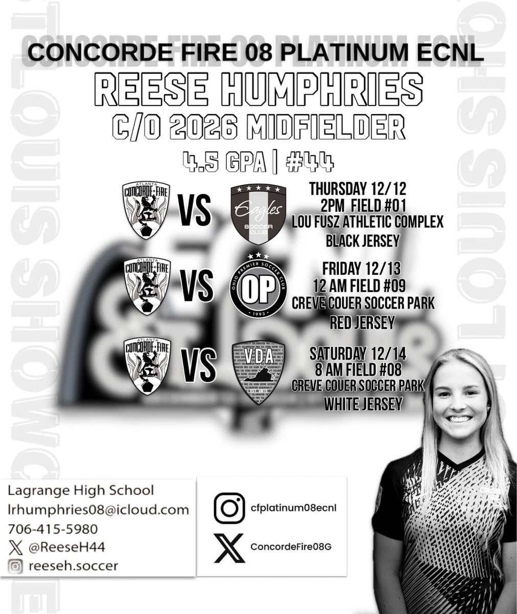Reese Humphries (@reeseh44) on Twitter photo Super pumped to be headed up to St Louis, Missouri next week for the ECNL St. Louis Showcase! Excited to work with my team and battle against some solid competition! Let’s go fire!! 🔥🔥
<a href="/ECNLgirls/">ECNL Girls</a> <a href="/ECNLSoutheast/">ECNL Southeast Girls</a> <a href="/TopDrawerSoccer/">TopDrawerSoccer</a> <a href="/PrepSoccer/">Prep Soccer ⚽️</a> <a href="/TheSoccerWire/">SoccerWire</a> <a href="/ImYouthSoccer/">ECNL/GA/Recruiting/College Soccer</a> Super pumped to be headed up to St Louis, Missouri next week for the ECNL St. Louis Showcase! Excited to work with my team and battle against some solid competition! Let’s go fire!! 🔥🔥
<a href="/ECNLgirls/">ECNL Girls</a> <a href="/ECNLSoutheast/">ECNL Southeast Girls</a> <a href="/TopDrawerSoccer/">TopDrawerSoccer</a> <a href="/PrepSoccer/">Prep Soccer ⚽️</a> <a href="/TheSoccerWire/">SoccerWire</a> <a href="/ImYouthSoccer/">ECNL/GA/Recruiting/College Soccer</a>