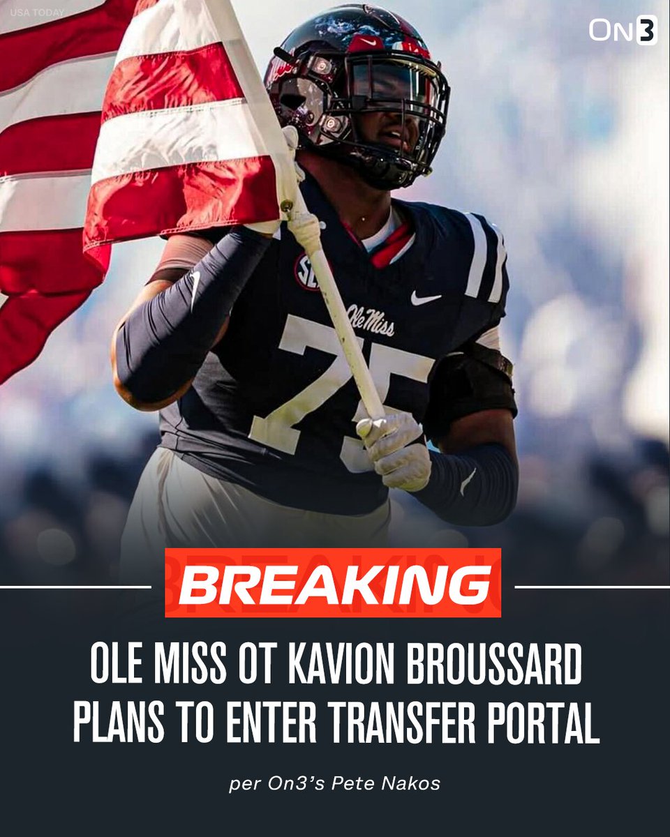 PeteNakos's tweet photo. Ole Miss offensive tackle Kavion Broussard plans to enter the transfer portal, he tells @on3.

The 6-foot-6, 308-pound offensive tackle flipped from Miami to Ole Miss late in his recruitment.  

https://t.co/ajLLcRA7q9 https://t.co/95iajT74l8