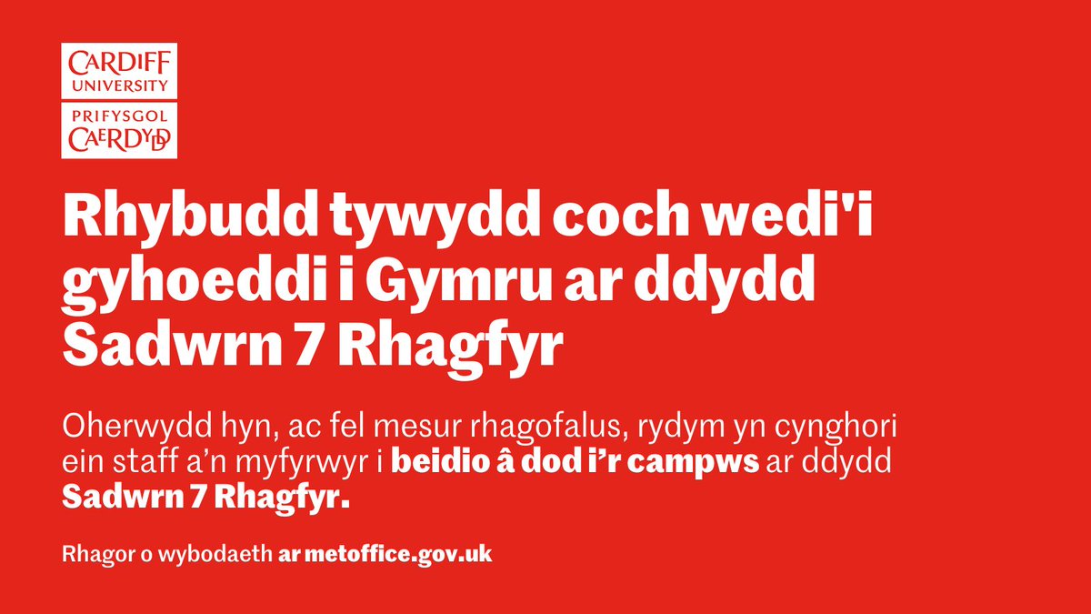 prifysgolCdydd's tweet photo. Mae'r @metoffice wedi cyhoeddi 'rhybudd coch' ar gyfer rhannau o Gymru ar gyfer dydd Sadwrn, 7 Rhagfyr.

Oherwydd hyn, rydym yn cynghori ein staff a'n myfyrwyr i beidio â dod i'r campws ddydd Sadwrn, 7 Rhagfyr.

Mwy o wybodaeth: https://t.co/BqkD9VlluI https://t.co/Vtx16C8QYR
