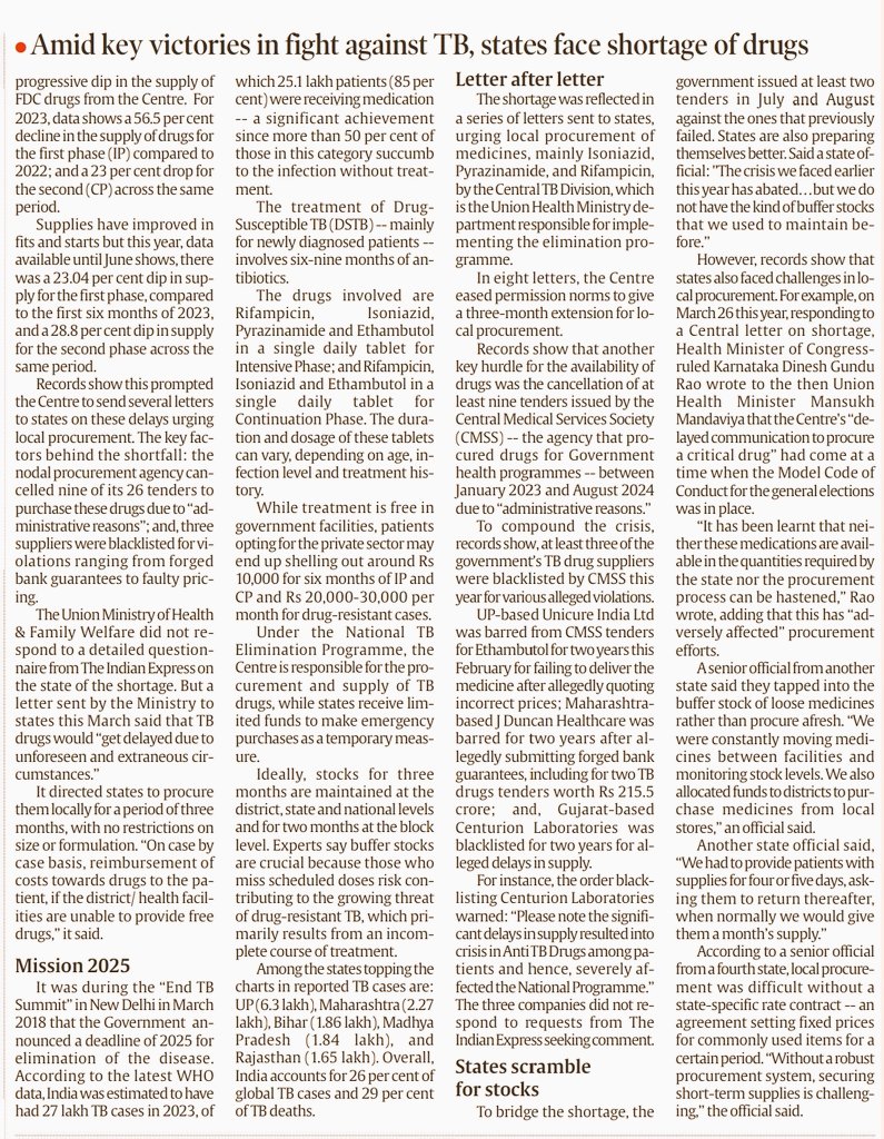 _upsc_focus's tweet photo. Amid key victories in fight against 
TB , states face one battle: Shortage of drugs 
#GS3 #Health #GlobalCases26%
#27LakhTBcasesInIndiaAsPerWHO  #85percentReceivingMedication 
TB Drugs
#Rifampicin #Pyrazinamide
#Ethumbutol 
Data is important for mains answer writing 🔖 
#upsc2025 #UPSC