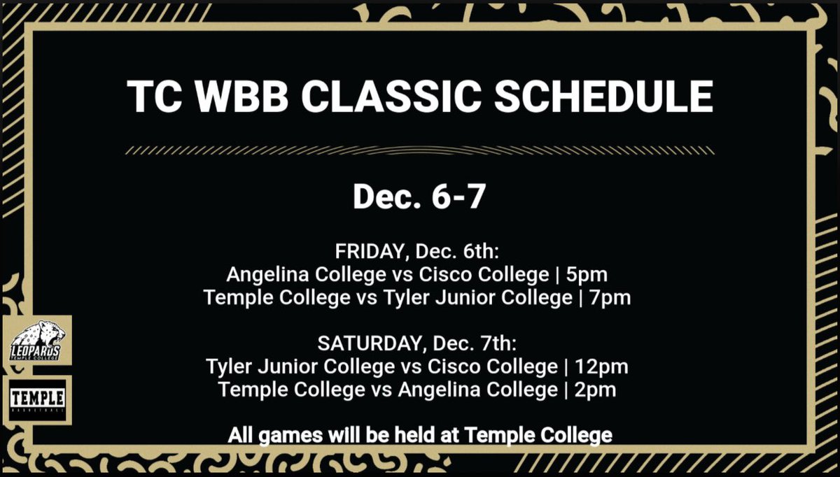 Temple College Women’s Basketball (@templejcwbb) on Twitter photo It’s going to be a GREAT 2 days of basketball here at Temple College🏀
<a href="/CiscoWbb/">Cisco College WBB</a> <a href="/TJCWBB/">Tyler JC Women’s Basketball</a> <a href="/Lady_Runners/">AngelinaWBB</a> It’s going to be a GREAT 2 days of basketball here at Temple College🏀
<a href="/CiscoWbb/">Cisco College WBB</a> <a href="/TJCWBB/">Tyler JC Women’s Basketball</a> <a href="/Lady_Runners/">AngelinaWBB</a>