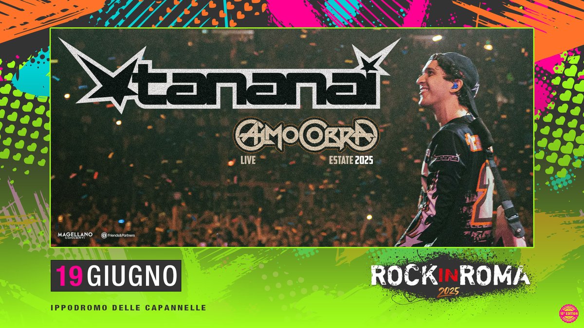 Il viaggio di Tananai e del suo ultimo album “CALMOCOBRA” proseguirà anche nel 2025 con il tour estivo nei principali Festival d’Italia!

19 GIUGNO 2025 | <a href="/Tananai5/">Tananai</a> @ Rock in Roma
 📍Ippodromo delle Capannelle

Biglietti disponibili su <a href="/TicketOneIT/">TicketOne</a>