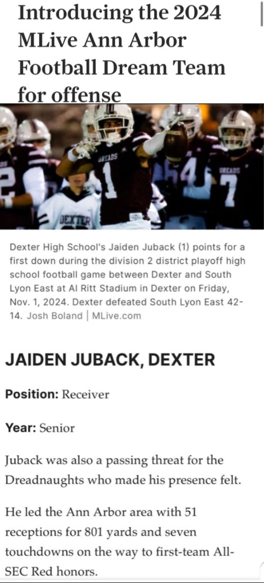 Jaiden Juback (@jaidenjuback) on Twitter photo Extremely blessed to make the <a href="/MLive/">MLive</a> Ann Arbor Area dream team! <a href="/MLiveSports/">MLive Sports</a> <a href="/TheD_Zone/">The D Zone</a> <a href="/TheDZone/">TheDZone</a> <a href="/phil_jacobs16/">Coach Jacobs 🇺🇸</a> <a href="/CoachRSchwartz/">Robbie Schwartz</a> <a href="/DreadStrong/">Dexter Athletics</a> <a href="/Dextertouchdown/">Dexter Touchdown Club</a> <a href="/statechampsmich/">STATE CHAMPS! Michigan</a> <a href="/MIexposure/">Michigan exposure</a> <a href="/MichFBFrenzy/">Michigan Prep Frenzy</a> <a href="/MichHSsports/">Michigan HS Sports</a> <a href="/PrepRedzone/">Prep Redzone 🏈</a> <a href="/PrepRedzoneMI/">Prep Redzone Michigan</a> <a href="/alex_pallone/">Alex Pallone</a> Extremely blessed to make the <a href="/MLive/">MLive</a> Ann Arbor Area dream team! <a href="/MLiveSports/">MLive Sports</a> <a href="/TheD_Zone/">The D Zone</a> <a href="/TheDZone/">TheDZone</a> <a href="/phil_jacobs16/">Coach Jacobs 🇺🇸</a> <a href="/CoachRSchwartz/">Robbie Schwartz</a> <a href="/DreadStrong/">Dexter Athletics</a> <a href="/Dextertouchdown/">Dexter Touchdown Club</a> <a href="/statechampsmich/">STATE CHAMPS! Michigan</a> <a href="/MIexposure/">Michigan exposure</a> <a href="/MichFBFrenzy/">Michigan Prep Frenzy</a> <a href="/MichHSsports/">Michigan HS Sports</a> <a href="/PrepRedzone/">Prep Redzone 🏈</a> <a href="/PrepRedzoneMI/">Prep Redzone Michigan</a> <a href="/alex_pallone/">Alex Pallone</a>