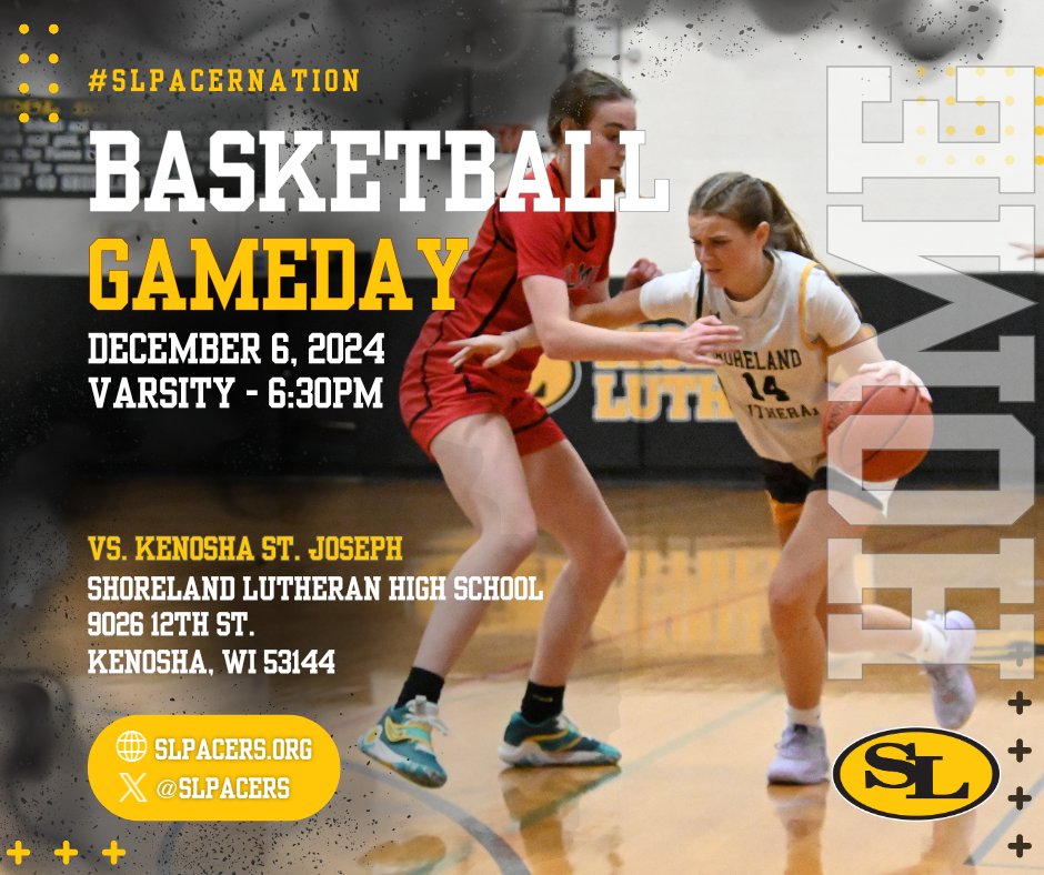 🗓️ Friday, December 6, 2024

🏀 GIRLS BASKETBALL vs. Kenosha St. Joseph
⏰  V 6:30pm
📍 Shoreland Lutheran High School