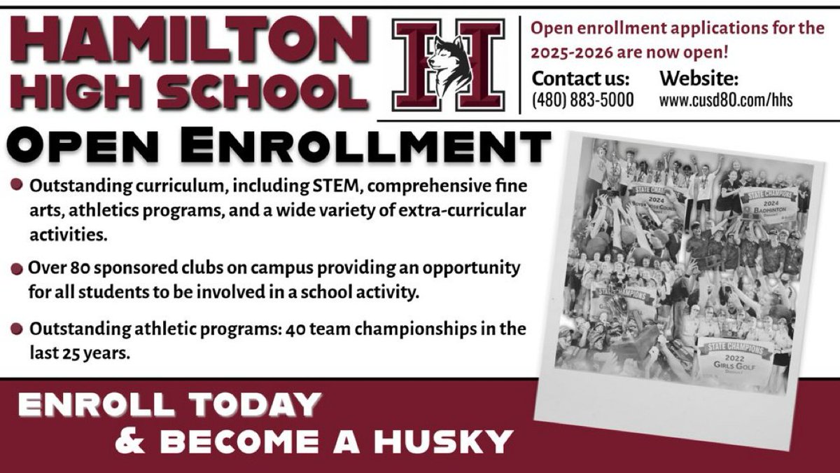 Hamilton Boys Hoops (@hhs_boyshoops) on Twitter photo Calling all future HUSKIES!!!!
Open enrollment season is officially open!
Please click the link below and get your open enrollment packet turned in!
Any questions please call 480-883-5028!
π π β½οΈ βΎοΈπ₯πΎππΈβ³οΈπ€ΌπββοΈπββοΈπ£
π: cusd80.com/cms/lib/AZ0100β¦ Calling all future HUSKIES!!!!
Open enrollment season is officially open!
Please click the link below and get your open enrollment packet turned in!
Any questions please call 480-883-5028!
π π β½οΈ βΎοΈπ₯πΎππΈβ³οΈπ€ΌπββοΈπββοΈπ£
π: cusd80.com/cms/lib/AZ0100β¦