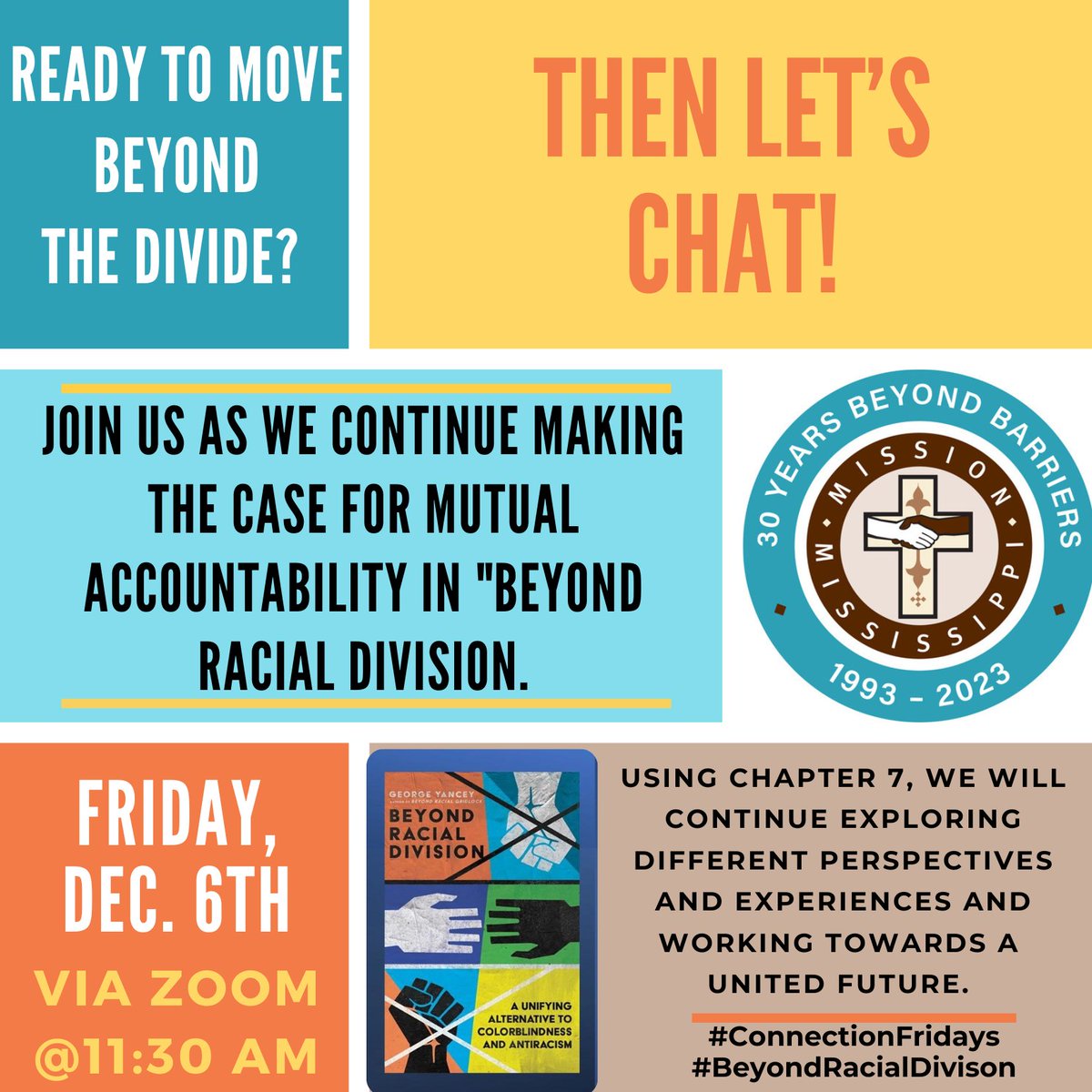 Join Us Today at 11:30 am for Connection Friday!!

Zoom Details Below:
Click the link to join: us02web.zoom.us/j/922746759
Meeting ID: 922 746 759
Call-In Numbers: (312) 626 6799

#ConnectionFriday #missionmississippi 
#beyondracialdivison #unity #liveitout