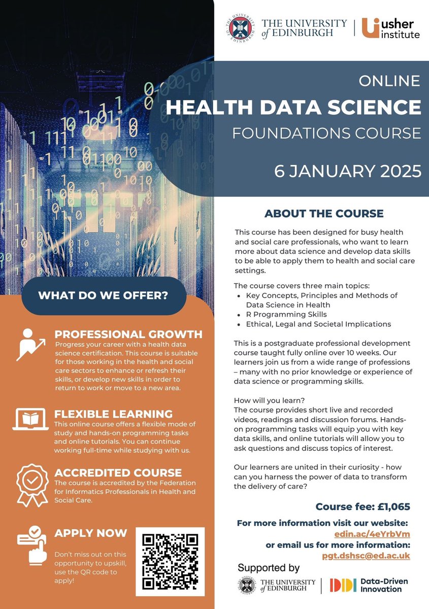 Data-Driven Health & Social Care Talent Programme (@hscdditalent) on Twitter photo We still have places on our fully online #HealthDataScience course led by <a href="/DDoudesis/">Dimitrios Doudesis, PhD</a> <a href="/EdinUniUsher/">Usher Institute</a> starting on 6 January 2025. Treat yourself to an early xmas present. Apply now and develop your #datascience skills using #R. Flyer with full details below, apply using the QR code. We still have places on our fully online #HealthDataScience course led by <a href="/DDoudesis/">Dimitrios Doudesis, PhD</a> <a href="/EdinUniUsher/">Usher Institute</a> starting on 6 January 2025. Treat yourself to an early xmas present. Apply now and develop your #datascience skills using #R. Flyer with full details below, apply using the QR code.