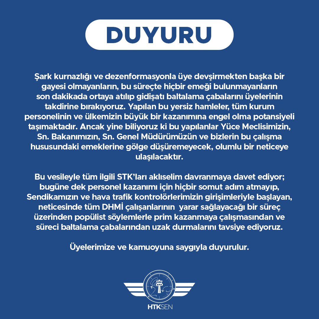Bilindiği üzere Sendikamızca icra edilen ve kamuoyunda büyük farkındalık oluşturan inisiyatif almadan çalışma faaliyetimiz neticesinde, Sn. Cumhurbaşkanımızın talimatlarıyla, Sn. Cumhurbaşkanı Yardımcımız Cevdet YILMAZ başkanlığında toplanan üst düzey komisyonda hava trafik