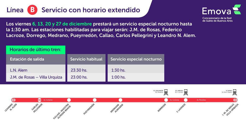 rominawinner's tweet image. 🚨 ¡Atención usuarios!

📆 Los viernes 6, 13, 20 y 27 de diciembre, la #LíneaB prestará un servicio especial nocturno.

⚠️ Mirá cuáles serán los horarios y las estaciones habilitadas para viajar 👇