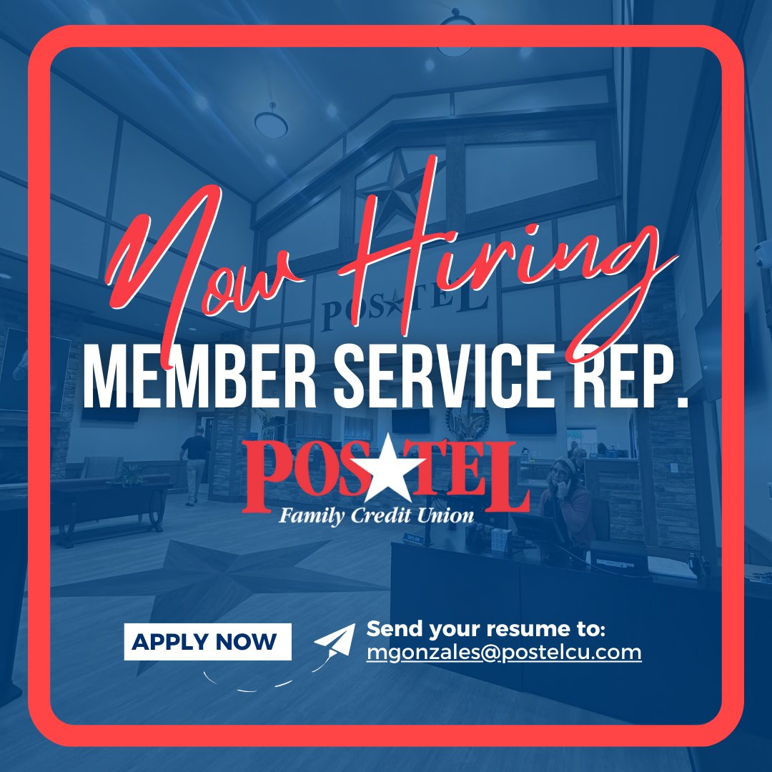 🌟 We're Hiring! 🌟
Postel Credit Union is looking for a Member Service Representative to join our team! If you're friendly, professional, and passionate about helping others, apply today! 📧 mgonzales@postelcu.com 📞 (940) 761-8600