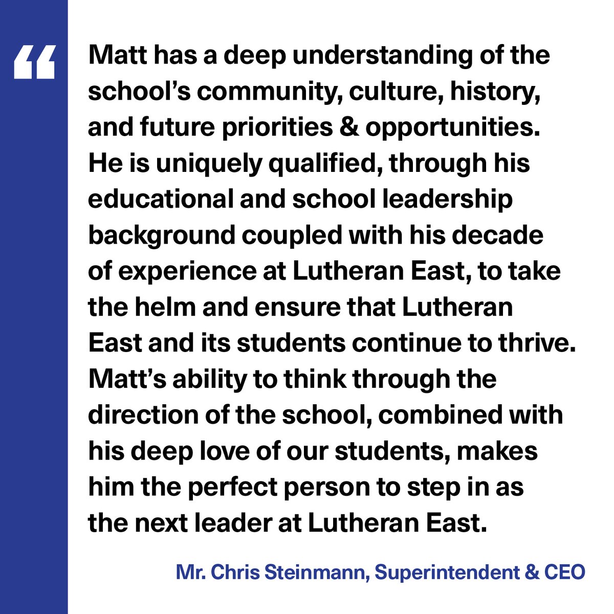 LutheranEast's tweet photo. News from Lutheran East: Lutheran East is pleased to share that Mr. Matt Luecke has been named the next Head of School. https://t.co/ECEEN4klRD https://t.co/rZxZe4mX72