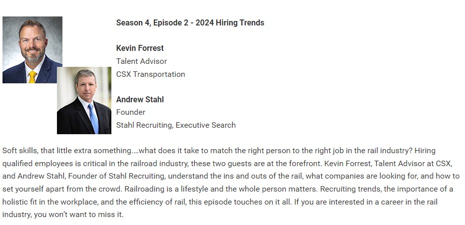 stahlrecruiting's tweet photo. #FlashbackFriday ๐ Remember when...Andrew was a guest on the @AREMArail ๐๏ธpodcast #PlatformChats https://t.co/pGoAFa9mcq @CSX ๐๏ธ
๐Supporting the #rail industry, supporting you.
https://t.co/g2pwebtS9k #executivesearch #leadershiptalent #Stahl10 Celebrating 10 years!๐ https://t.co/B9qyGCmK52