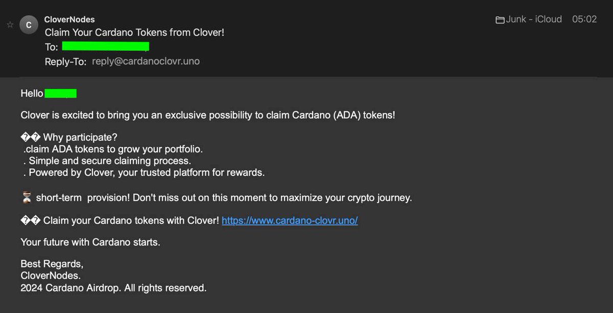 CloverNodes's tweet image. 🚨 ATTENTION CARDANO COMMUNITY 🚨  

It has come to my attention that CLOVR Pool is being targeted and used to send fake emails claiming we are offering $ADA air drops, which is absolutely false. If you’ve recently received one of these emails, please help report it here:  
🔗…
