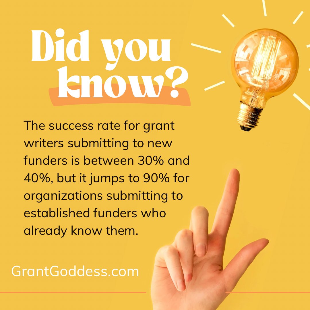 grantgoddess's tweet photo. Success rates vary, but there is no denying that your chances of funding success are better if you are applying to a funder who knows you. 
Relationships matter! 
Share your tips for getting to know funders in the comments. 
#grants #grantwriting #grantwriter https://t.co/1Uo2mDdynl