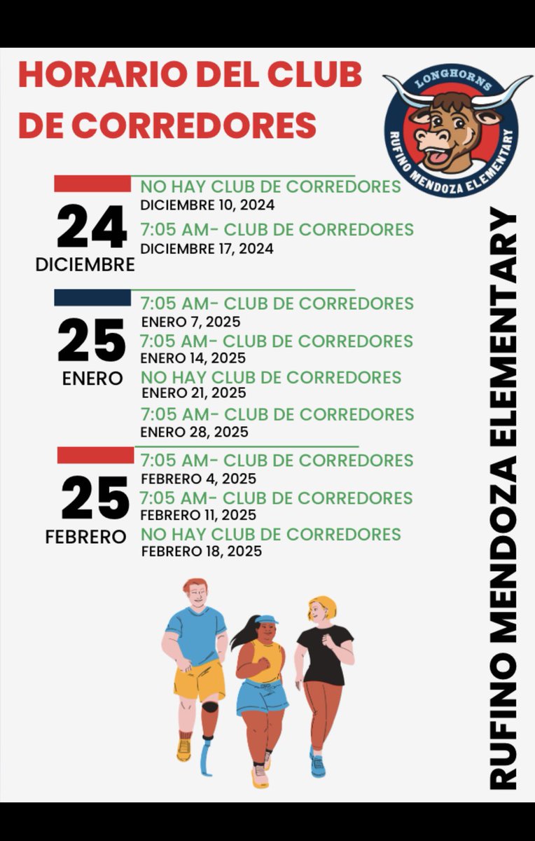 Here is the running club schedule for the rest of the 2024-2025 school year

Este es el calendario del club de corredores para el resto del año escolar 2024-2025