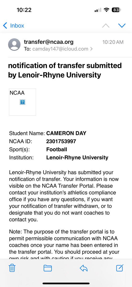 camerondayy4's tweet photo. I would like to thank Lenoir-Rhyne for giving me an opportunity to play at the next level. I am officially entering my name into the transfer portal as a 5’10 180lbs WR with 4 years of eligibility remaining. 
My recruitment is 100% open ! https://t.co/OXIVTnf4bO