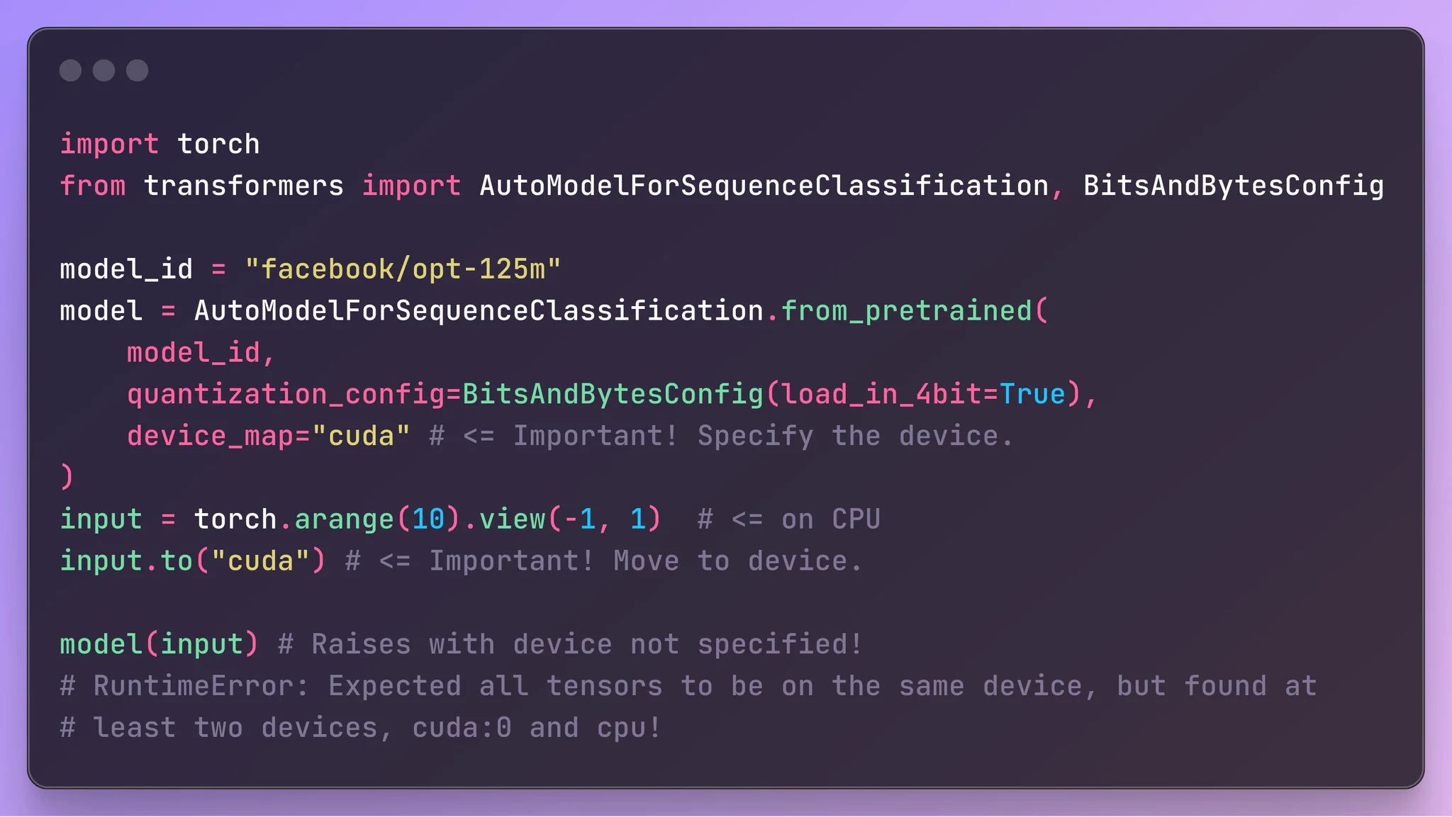 Code example demonstrating a RuntimeError when device placement is not specified.