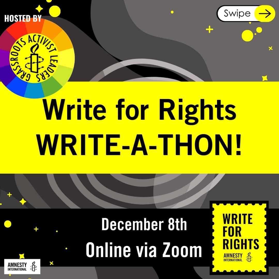 Cross-Country Write-a-thon! Drop in on Dec 8 to write a letter and change a life!
PST  11am-8pm
MST noon-9pm
CST  1-10pm
EST  2-11pm
AST  3-midnight
NST 3:30pm-12:30am

Register: tinyurl.com/REGISTER4W4R

#AmnestyCanada #AmnestyGrassrootsActivistLeaders
#WriteForRights #W4R24