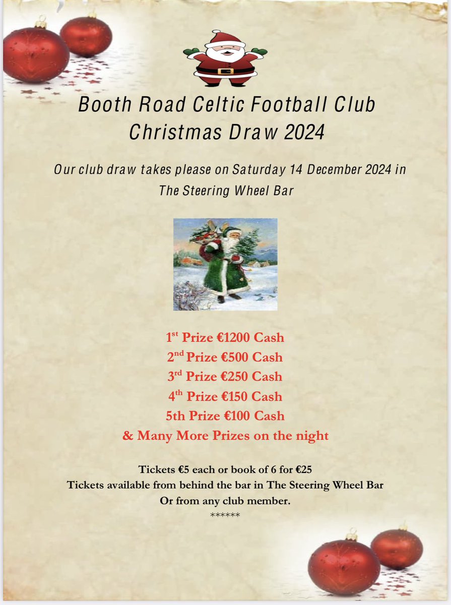 Booth Road Celtic FC (@booth_road) on Twitter photo 🎄🎄Club Christmas Draw🎄🎄
Our club draw takes place next Saturday & there are still tickets available to purchase from the club
Tickets €5
If you want to purchase tickets by Revolut please feel free to Revolut Glen on (087) 344 6596 and he will look after you !! <a href="/dougy10/">Glen O’ Rourke</a> 🎄🎄Club Christmas Draw🎄🎄
Our club draw takes place next Saturday & there are still tickets available to purchase from the club
Tickets €5
If you want to purchase tickets by Revolut please feel free to Revolut Glen on (087) 344 6596 and he will look after you !! <a href="/dougy10/">Glen O’ Rourke</a>