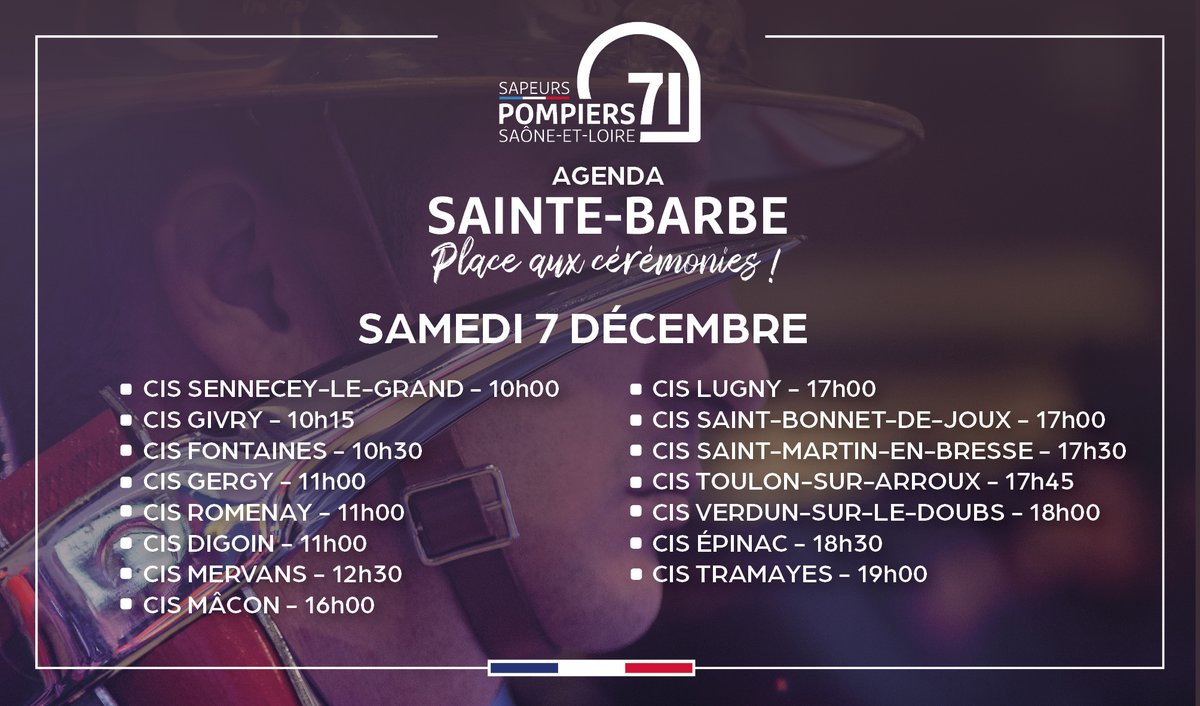 SDIS71's tweet image. #SainteBarbe | Un week-end riche en cérémonies de Sainte-Barbe en @saoneetloire ! Sans oublier un événement d'ampleur ce soir : la cérémonie départementale en l'honneur de la sainte patronne des sapeurs-pompiers ! 😉