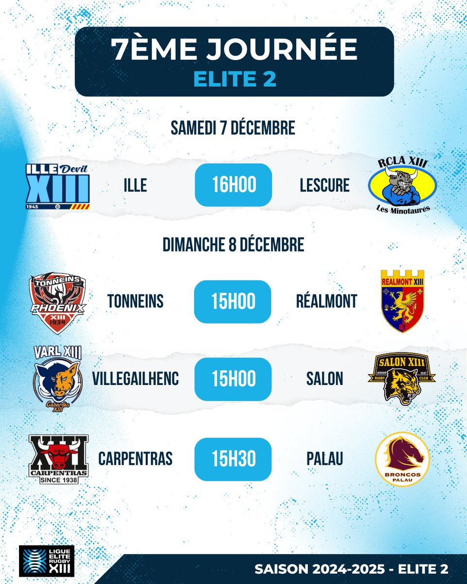 FFRXIII's tweet photo. Les programme du week-end 🏉
Journées de rattrapage pour le Super XIII et l'Elite Féminine. L'Elite 2 attaque la 7ème journée de championnat 👊

#ffrxiii #rugbyxiii #le13 #SuperXIII #Elite2XIII #EliteFemineXIII #ParaRugbyXIII https://t.co/oatKaEGCpg