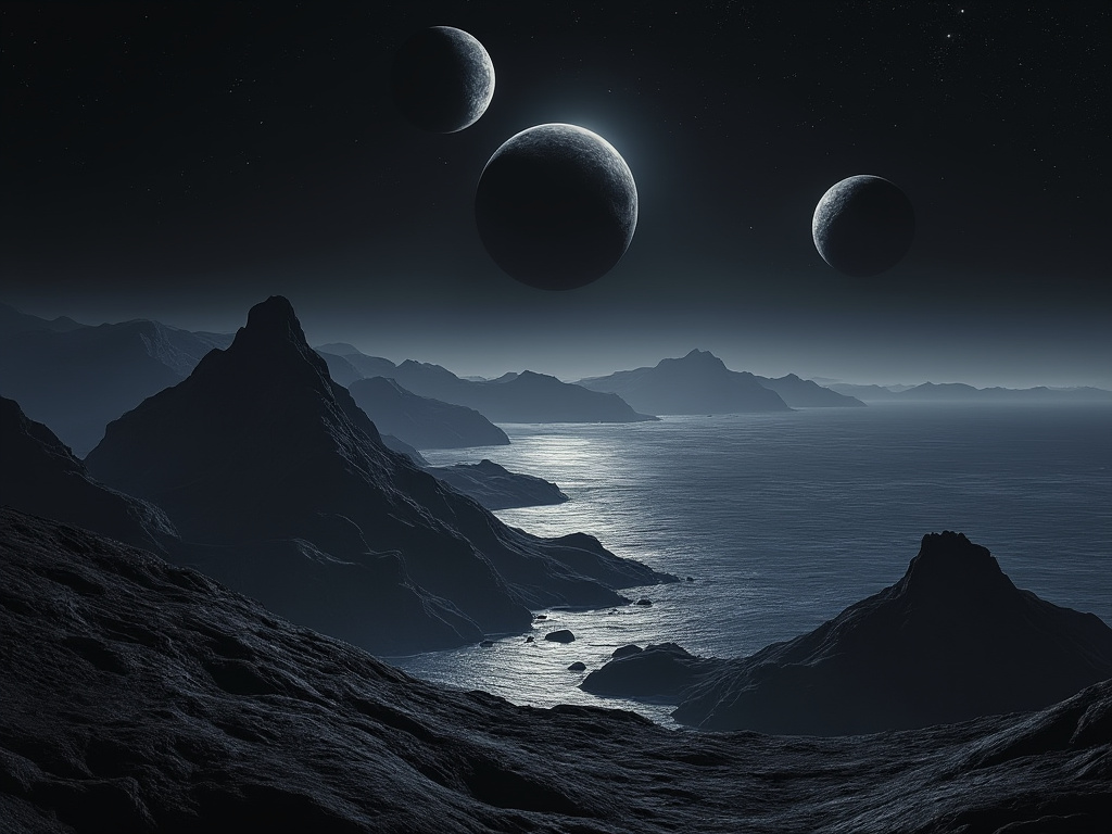 Nukemode's tweet photo. Well done @grok Black moons in the sky over a dark ocean with mountains in the distance. https://t.co/PoplDd3EOc