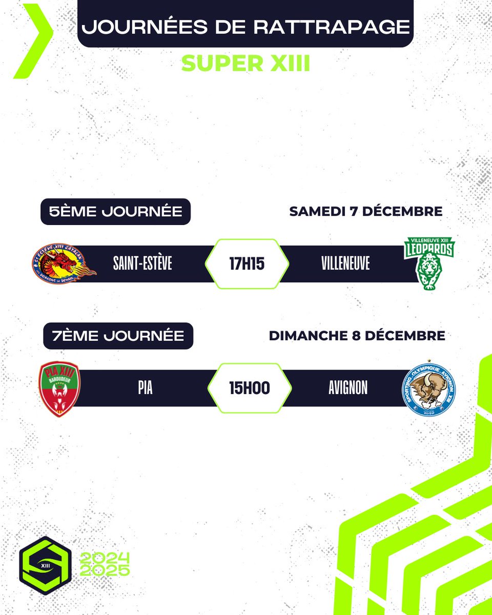FFRXIII's tweet photo. Les programme du week-end 🏉
Journées de rattrapage pour le Super XIII et l'Elite Féminine. L'Elite 2 attaque la 7ème journée de championnat 👊

#ffrxiii #rugbyxiii #le13 #SuperXIII #Elite2XIII #EliteFemineXIII #ParaRugbyXIII https://t.co/oatKaEGCpg