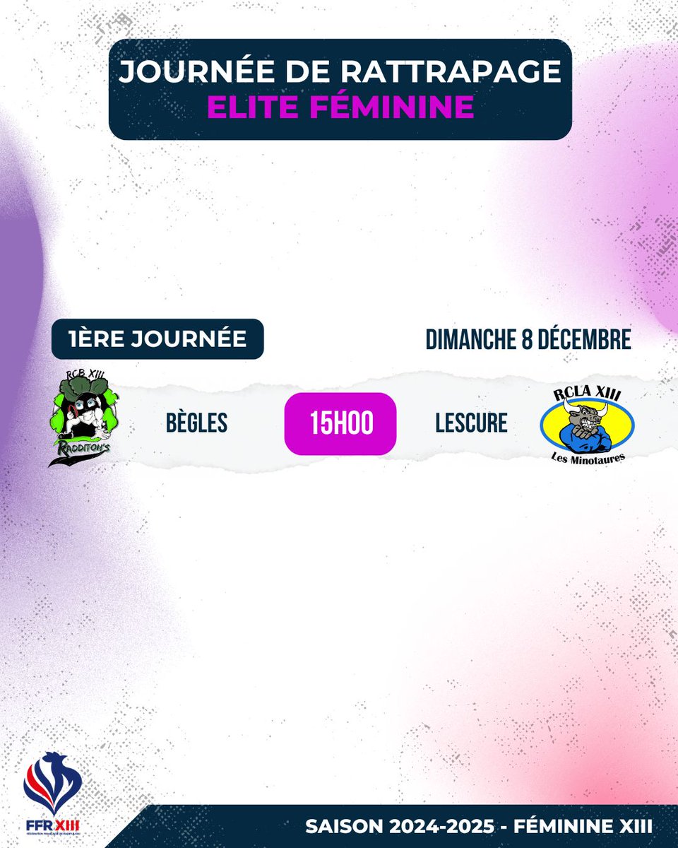 FFRXIII's tweet photo. Les programme du week-end 🏉
Journées de rattrapage pour le Super XIII et l'Elite Féminine. L'Elite 2 attaque la 7ème journée de championnat 👊

#ffrxiii #rugbyxiii #le13 #SuperXIII #Elite2XIII #EliteFemineXIII #ParaRugbyXIII https://t.co/oatKaEGCpg