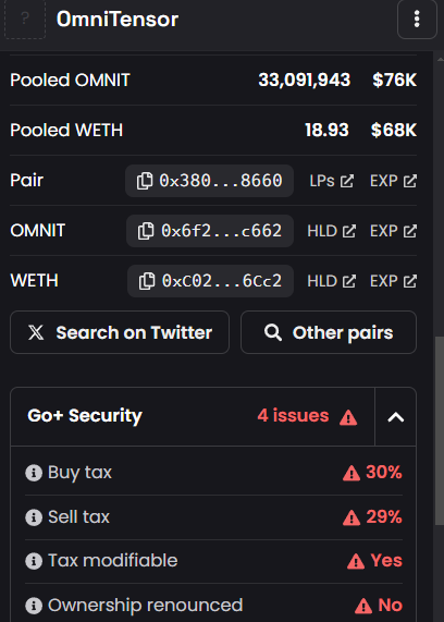HashrateHerald's tweet photo. @OmniTensor Buy/Sell tax 30%? Really? https://t.co/FY0KKYNU1y