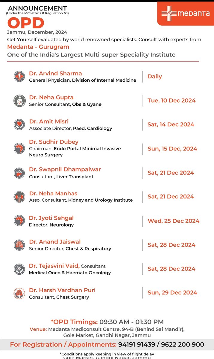 Medanta Hospital Gurugram's Jammu  December -2024  Speciality OOPD Schedule...
For Information Please...