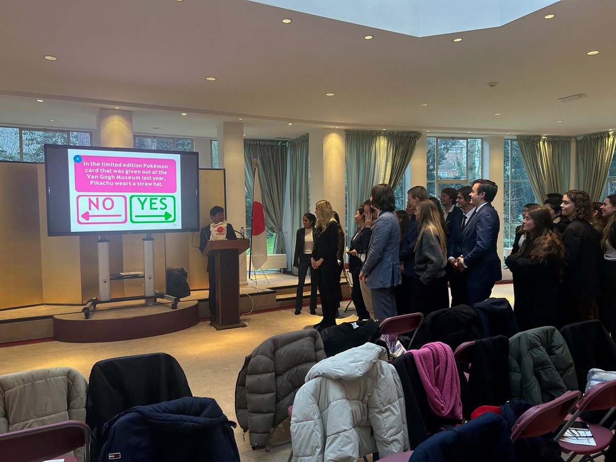 EmbassyJapanNL's tweet photo. Today, we welcomed Clio, the student organization from the University of Groningen! Counsellor Mr. Ebata spoke about the Embassy’s work, diplomacy, and bilateral relations. Students asked great questions, and we ended with a fun Japan quiz—2 winners took home prizes! 🎌🎉 https://t.co/9cWohjL9iy