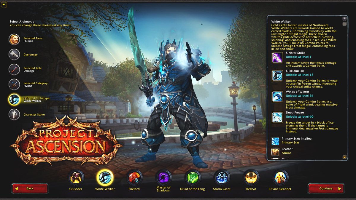 Ascensionfeed's tweet image. The White Walker is a new World of Warcraft archetype that fuses Frost Mage and Rogue into an icy assassin. Wielding a massive 2H sword, you&apos;ll build up combo points to unleash savage frost finishers, slowing, rooting, and stunning foes in ice.