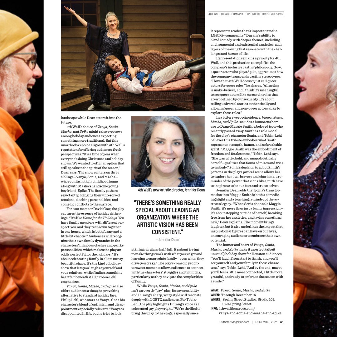 WriterClarke's tweet photo. Go behind the curtain with @4thWallHouston! Dive into my piece for @outsmarthouston, where I explore the magic of #VanyaSoniaMashaAndSpike—a show that brings heart, hilarity, and a touch of Chekhovian charm to the #Houston stage. Read the article here: https://t.co/LnempuIcKD! https://t.co/PZGcSc6qpD