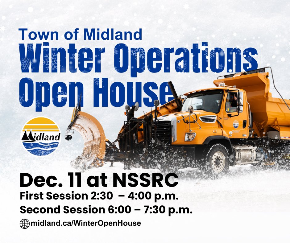 Drop in and learn about how our crews gear up for winter operations! ❄️🌨️

Drop in to the NSSRC on Dec 11, 2024 between 2:30-4:00pm or 6:00-7:30pm to chat with Town Operations staff. Get your questions answered and walk away with a new understanding. 🙌

midland.ca/WinterOpenHouse