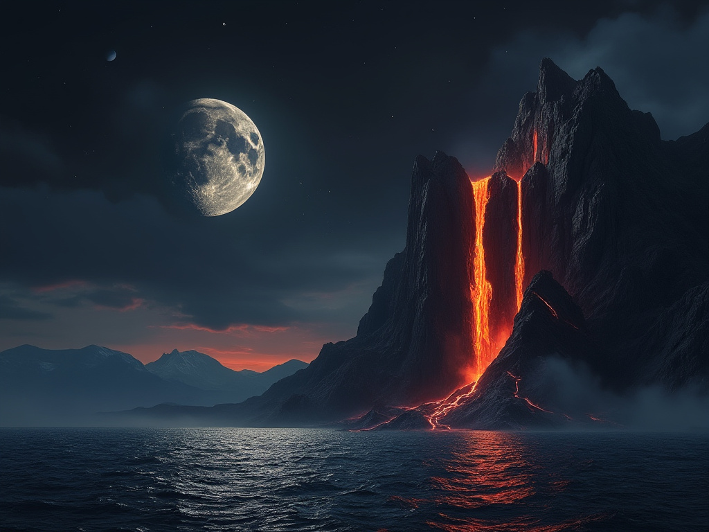 Nukemode's tweet photo. Black moon in the sky over a dark ocean with mountains in the distance. Waterfalls of lava flowing from the mountains... Image by @grok https://t.co/OIbqRDO1Rk