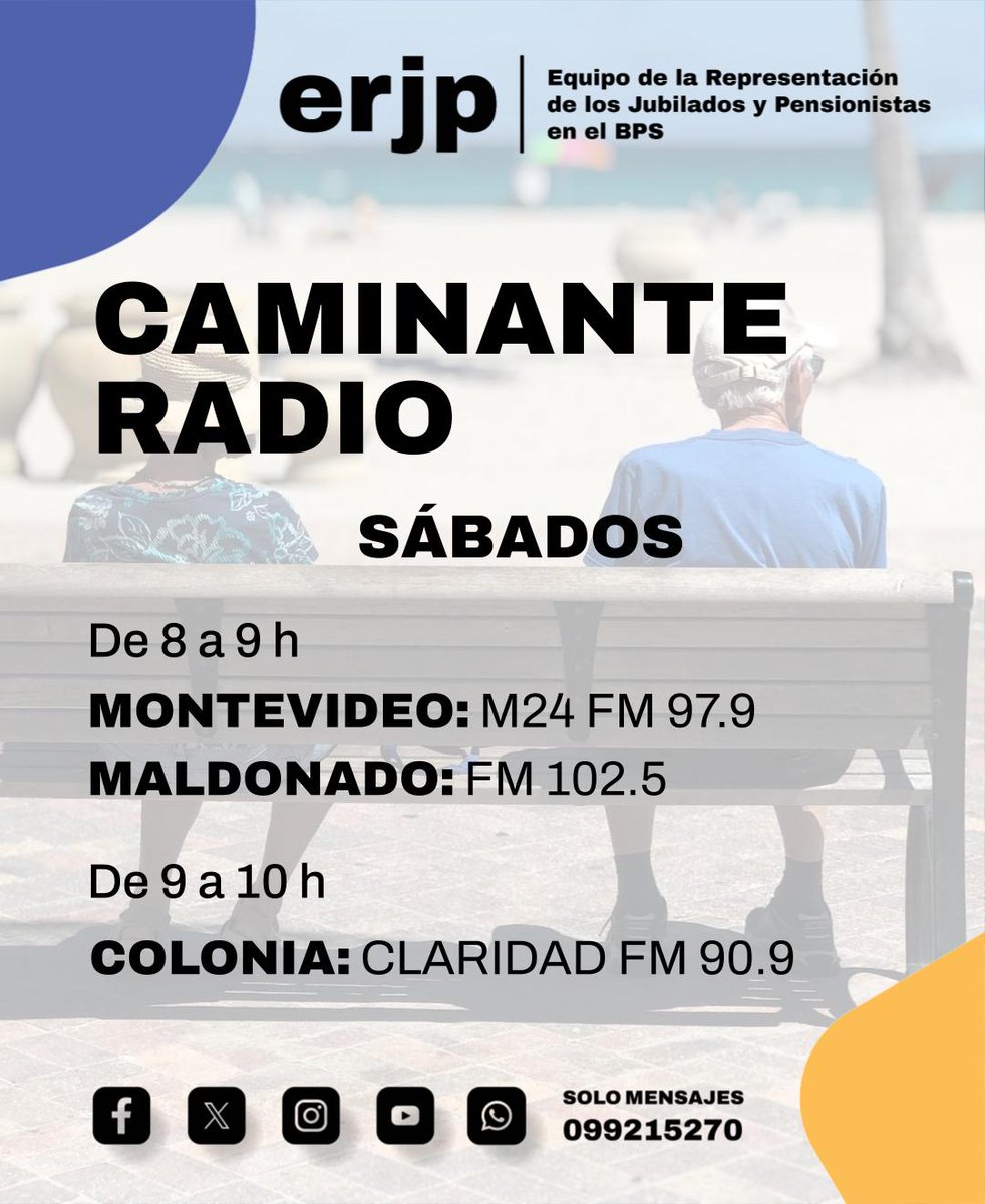 BpsErjp's tweet photo. 📻 ¡No te pierdas Caminante Radio este sábado! Escúchanos a las 8 h por @m24radio y a las 9 h por @claridadfm90.9 de Colonia.

 💻 Hablamos sobre el próximo inicio del asesoramiento para personas en condición de revocar la afiliación voluntaria a una AFAP.
 
#ERJP #Onajpu #BPS https://t.co/rVmhDnwllL