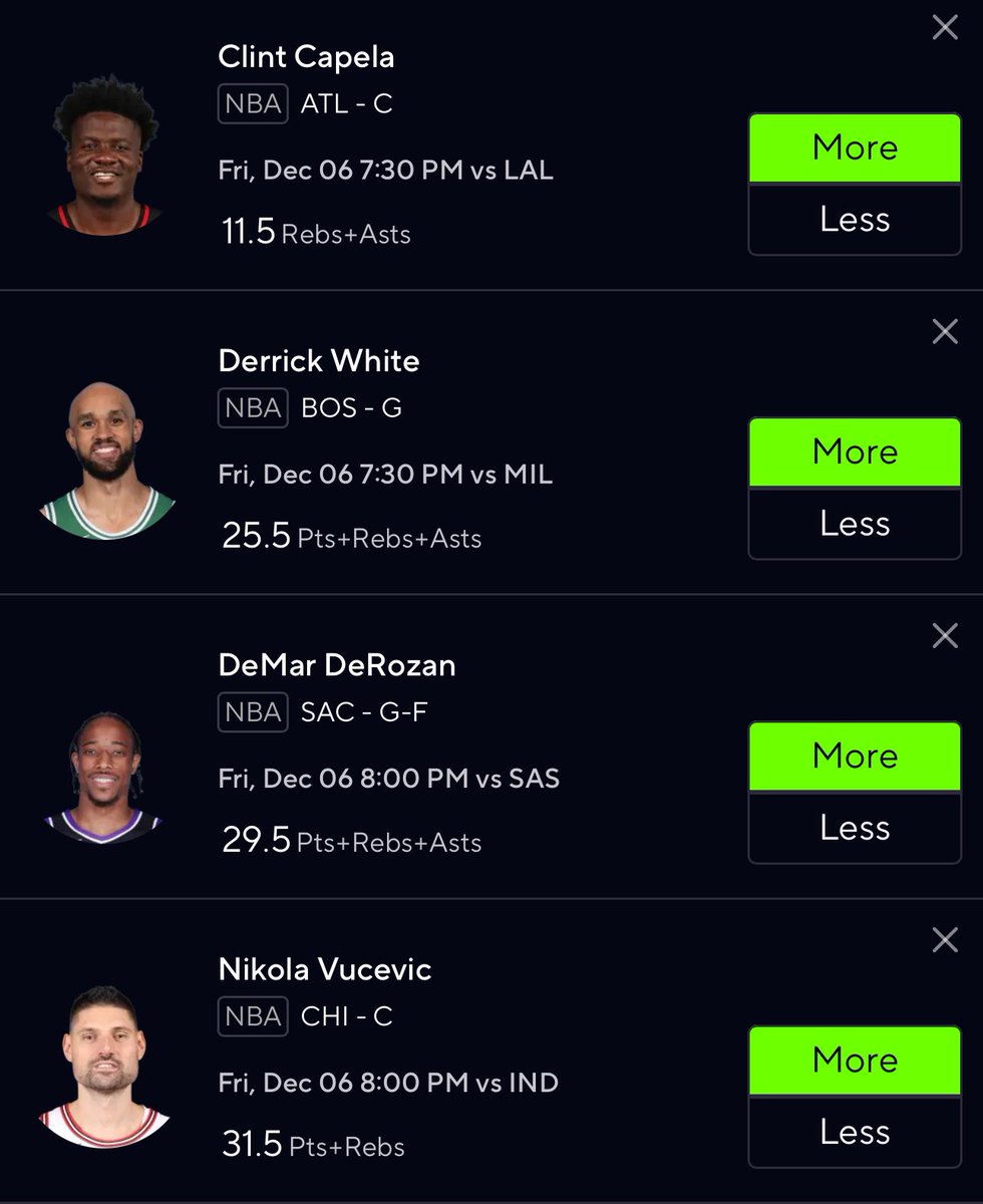falconbaee's tweet photo. NBA picks 12/06

Clint Capela Over 11.5 RA’s
Derrick White Over 25.5 PRA’s
Demar Derozen Over 29.5 PRA’s
Nikola Vucevic Over 31.5 PR’s

#Prizepicks https://t.co/JdcurDpUaB