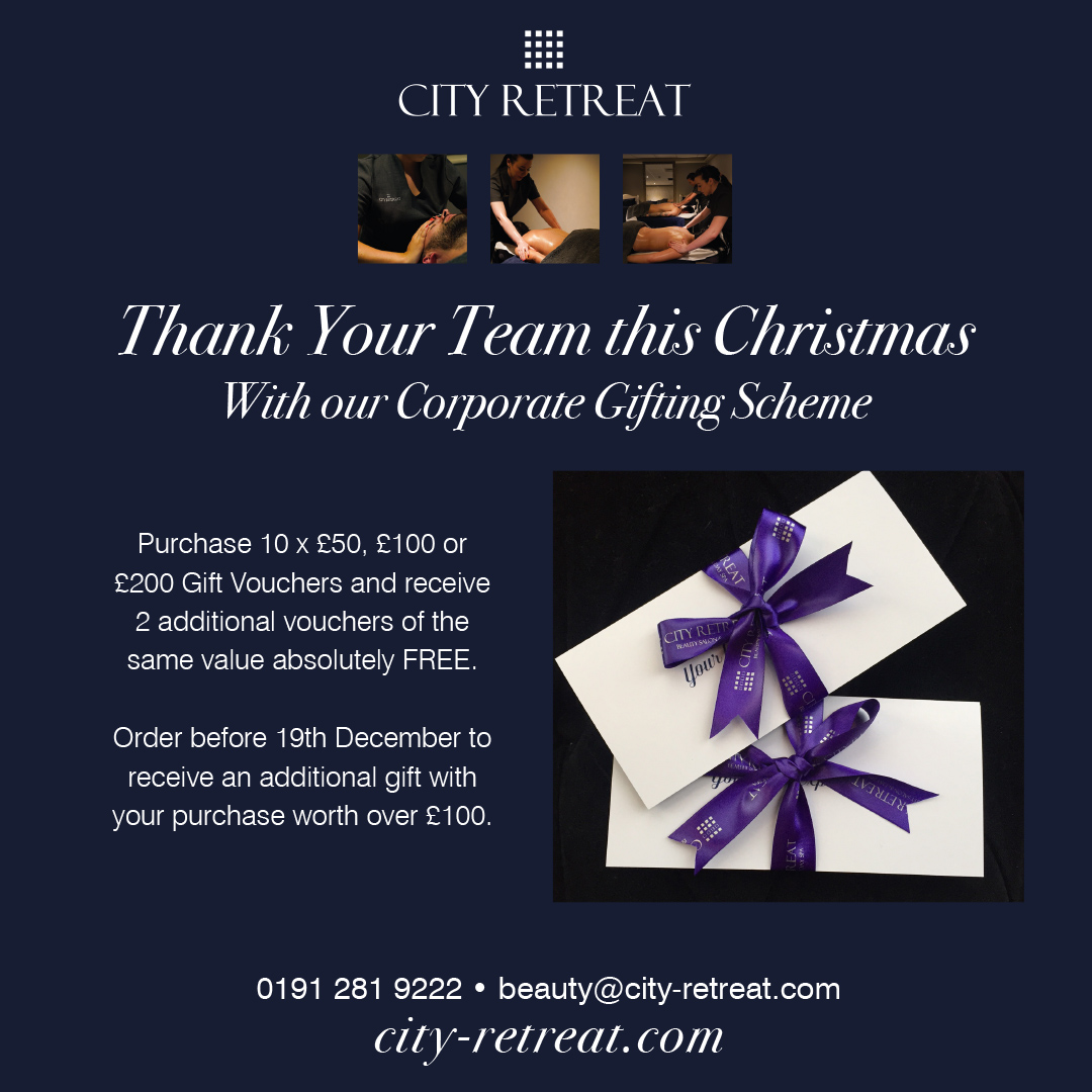 CORPORATE GIFTING MADE EASY 🎅
Are you looking to treat your team to something a little different this Christmas? 
For every 10 vouchers you buy, we will give you an extra 2 of the same value 🎁
Call our team on 0191 2819222 to give the gift of spa to your team this Christmas