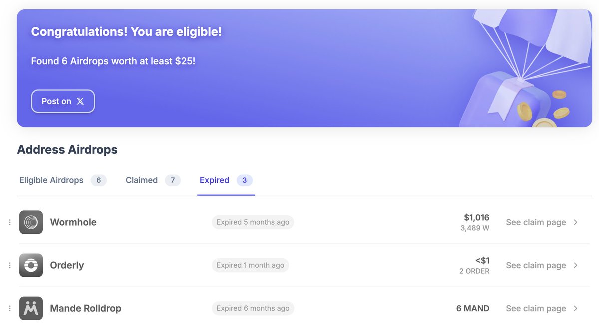 katexbt's tweet photo. The second worst feeling is not being eligible for an airdrop.

The worst feeling is being eligible, and missing the claim period.

@dropsbot has been pestering me in my DMs for close to 5 months now, but I faded because I thought I knew my wallets better than some random subscription thing did.

Turns out I didn't and indeed I had missed a few, mostly some $EIGEN from @0xMantle's $METH platform that I withdrew somewhere halfway through the season and just wrote it off - but it's claimable, so I did!

Unfortunately it also found some airdrops that I was too late to.

Still, with how cheap and good this bot is, it's well worth investing in.

let's dive in what it does and how it works 👇