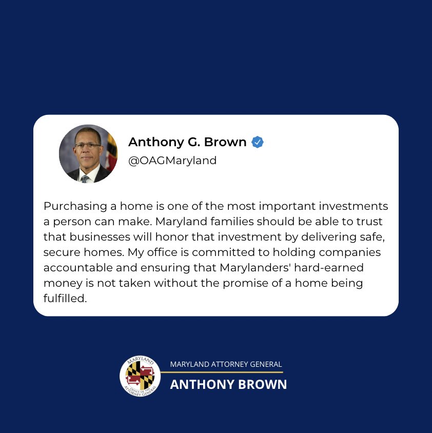 OAGMaryland's tweet photo. Today, the Prince George’s County Circuit Court upheld penalties against a home builder for taking over $1M from Maryland families without completing homes or protecting their funds. My office is committed to holding businesses accountable and safeguarding consumers.

Full press release: https://t.co/EnDyY5tWDB