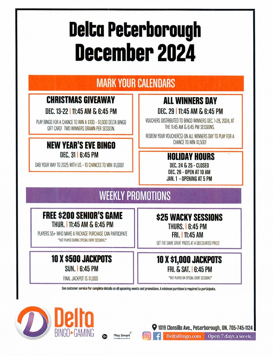 Looking for something fun to do in December that helps local charities like <a href="/BrainInjuryPTBO/">B.I.A.P.R.</a> ? Pls see the Delta Bingo &amp; Gaming calendar below. Thanks to all who play and support the important work being done in our community!