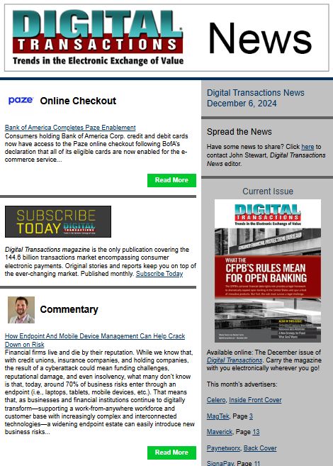 DTPaymentNews's tweet photo. Today's Digital Transactions News: BofA Completes Paze Enablement; The Risky Endpoint Threat; Plus Weekly Recap
https://t.co/E23x2DdAsU
#payments #Paze #ecommerce #mcommerce #BankofAmerica #creditcards #debitcards #onlinecheckout #opinion #commentary #endpointrisk #CyberWeekend https://t.co/fRtazIDJDs