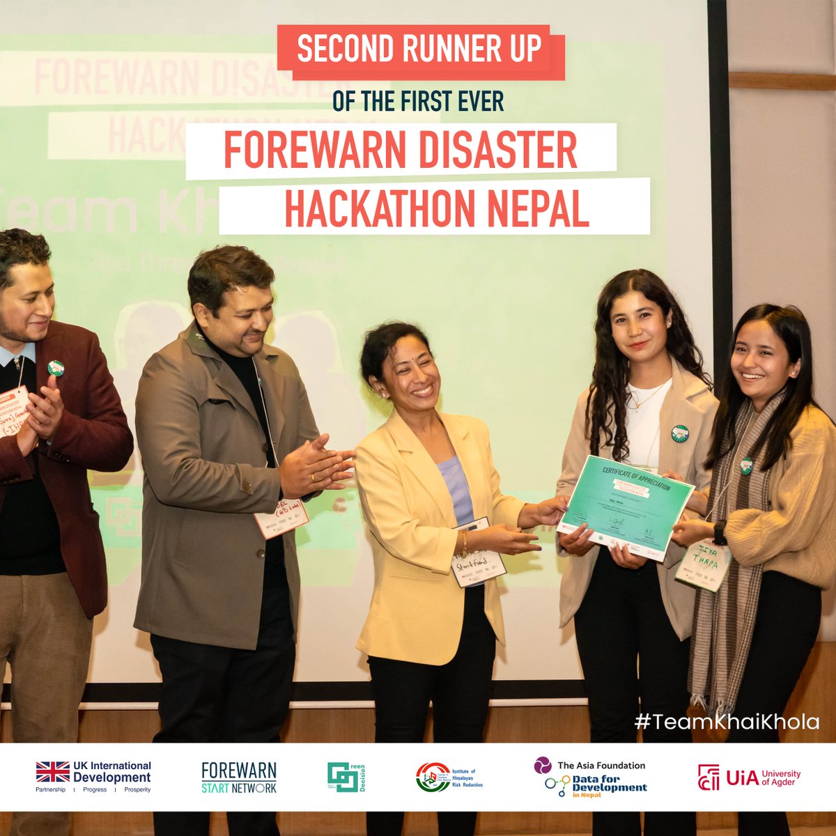 HackathonNepal's tweet photo. Congratulations to #TeamKhaiKhola for being the second runner-up of the first-ever FOREWARN Disaster Hackathon Nepal! 🎉

More Details: https://t.co/MI2AdepmvO

#2024WARNepal #FOREWARN #FOREWARNDisasterHackathonNepal #DisasterHackathonNepal https://t.co/12823FEFEI