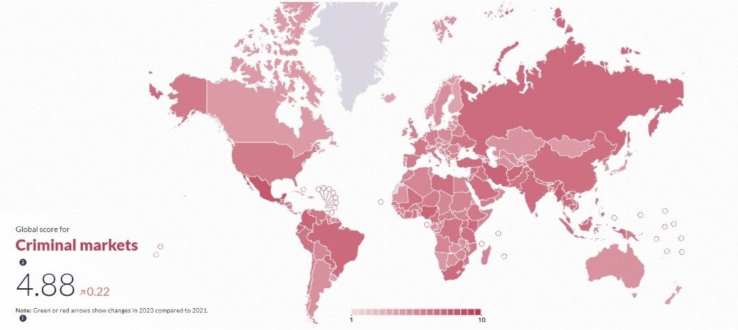 Global Organized Crime Index 2023

Criminal Market Scores

1. Mexico🇲🇽
2. Myanmar🇲🇲
3. Iran🇮🇷
4. Nigeria🇳🇬
5. Colombia🇨🇴
6. UAE🇦🇪
7. Afghanistan🇦🇫
8. Brazil🇧🇷
9. Kenya🇰🇪
10. South Africa🇿🇦
11. Russia🇷🇺
12. Thailand🇹🇭
12. Turkey🇹🇷
14. Ecuador🇪🇨
14. Paraguay🇵🇾
16. India🇮🇳
18.