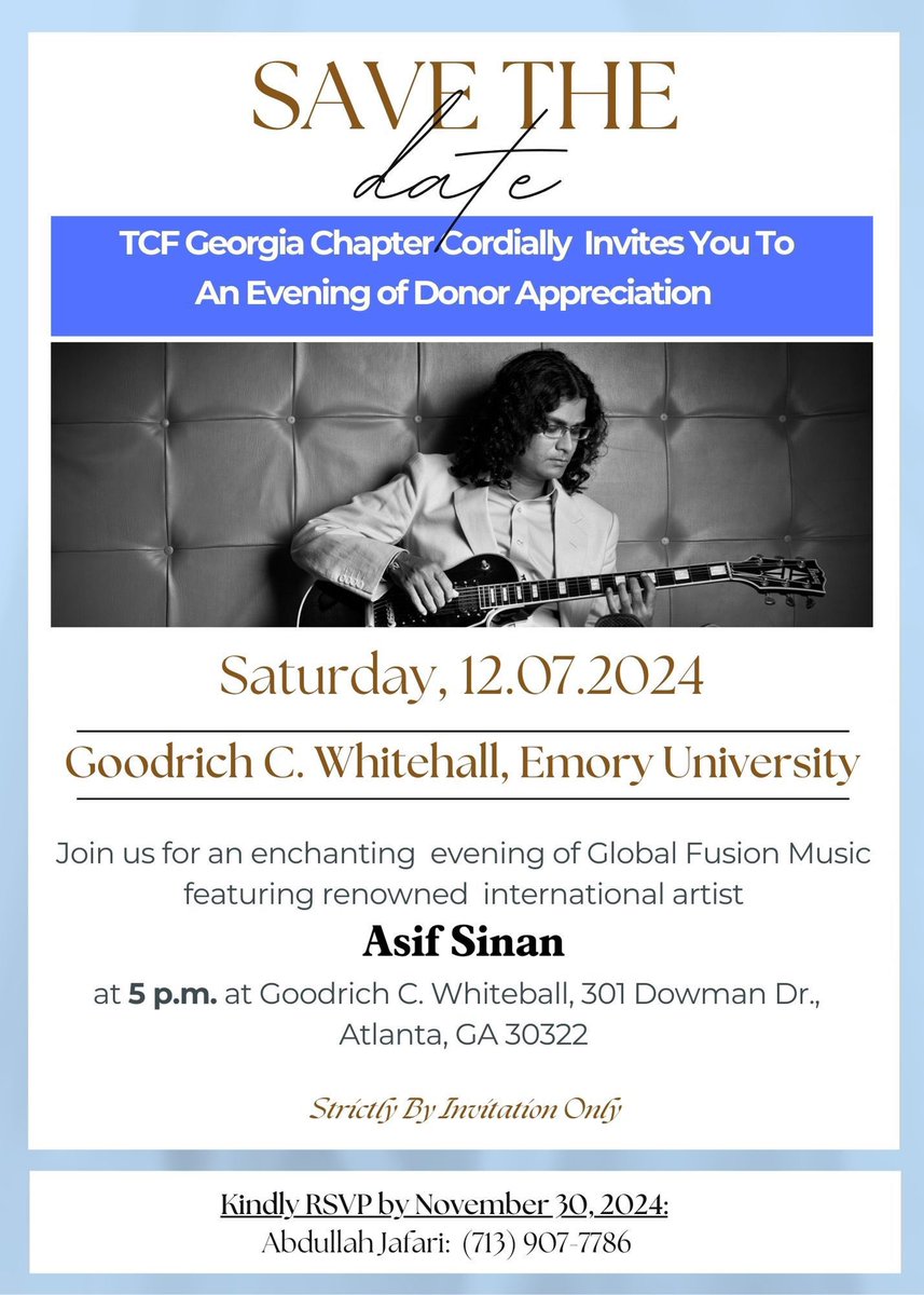AsifSinan's tweet photo. Excited to perform at @EmoryUniversity      will share some soulful melodies, and support education in Pakistan through @TCFPak 

#EmoryUniversity #LiveMusic #MusicForACause #EducationMatters @TCF_Rahbar #AtlantaEvents #MusicForTheSoul #asifsinan #livemusic  #guitar #worldmusic https://t.co/CcAdUqm3NH